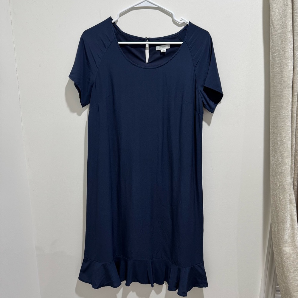Garnet Hill 100% Silk Navy Ruffle Hem Shift Dress Size 4